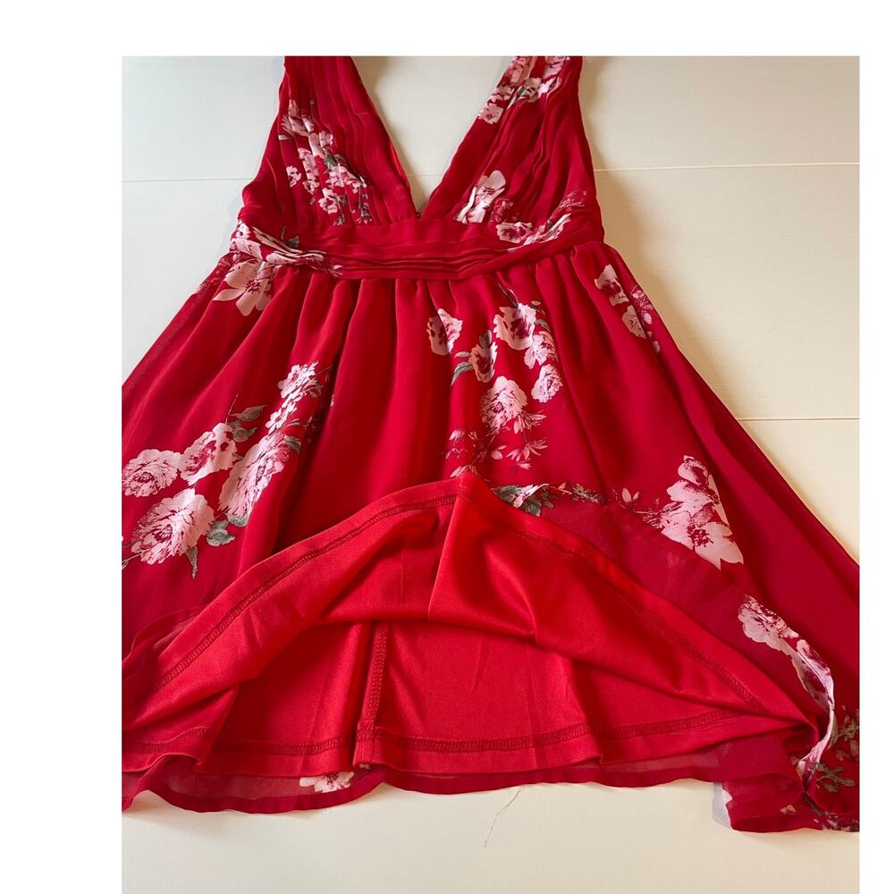 Lulus Milana Red Floral Mini Dress Sz S Ruched Plunge Neckline Flirty Party - Picture 12 of 16